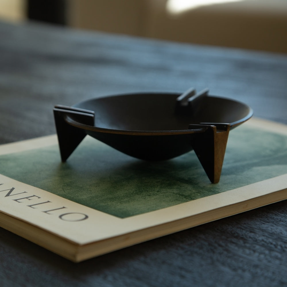 Elegant Black Milan Ashtray with Vintage Brass Accents