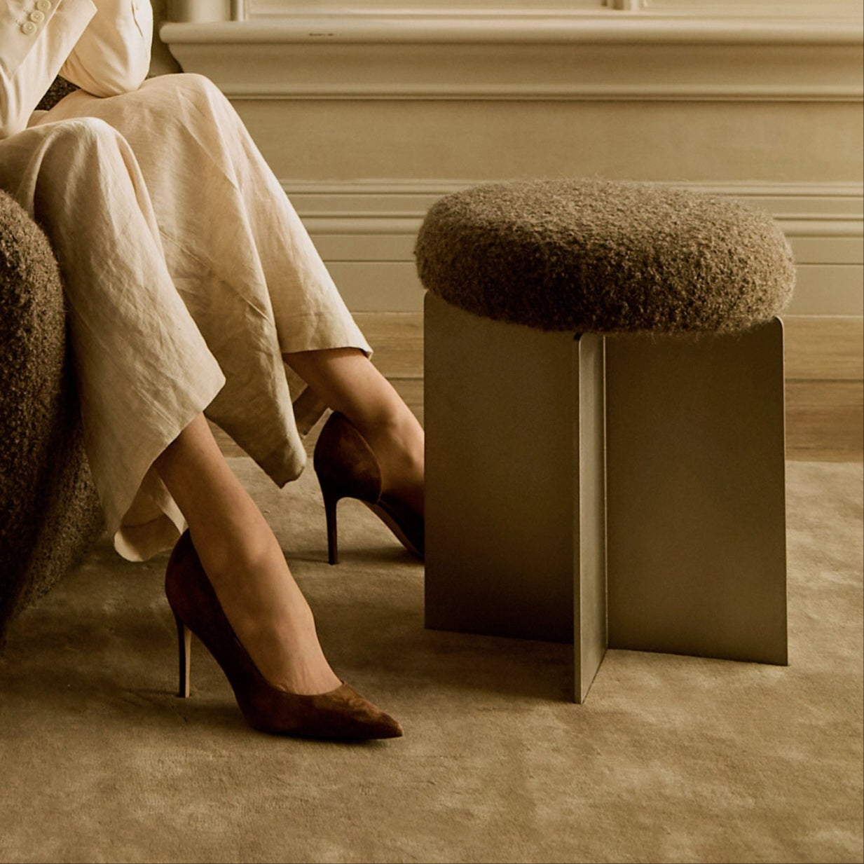 Modern Mocha Boucle Stool with Stainless Steel Base
