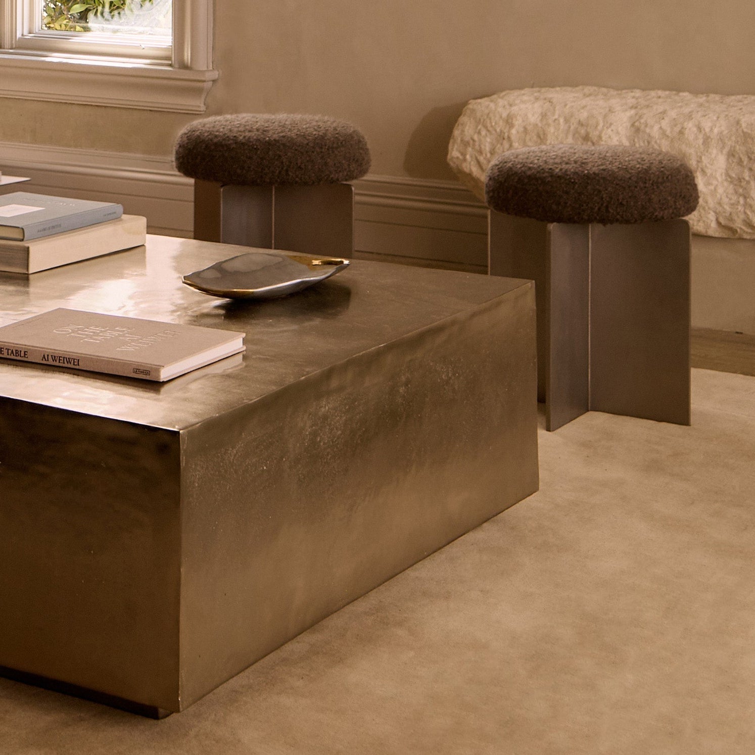 Modern Mocha Boucle Stool with Stainless Steel Base