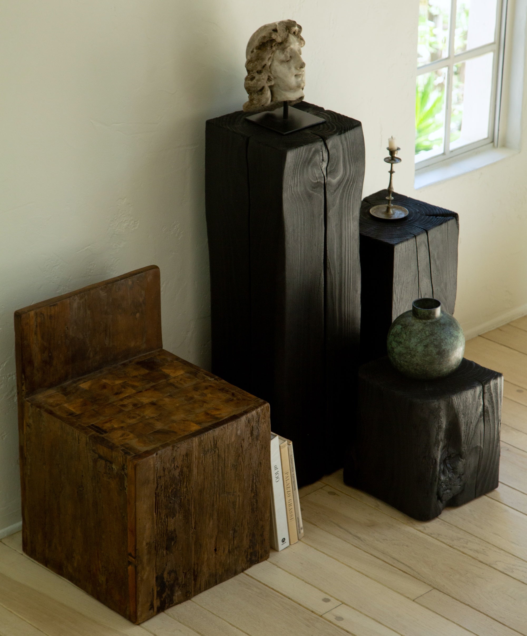 Tall Charcoal Wood Sculpture Pedestal | Shou Sugi Ban Finish