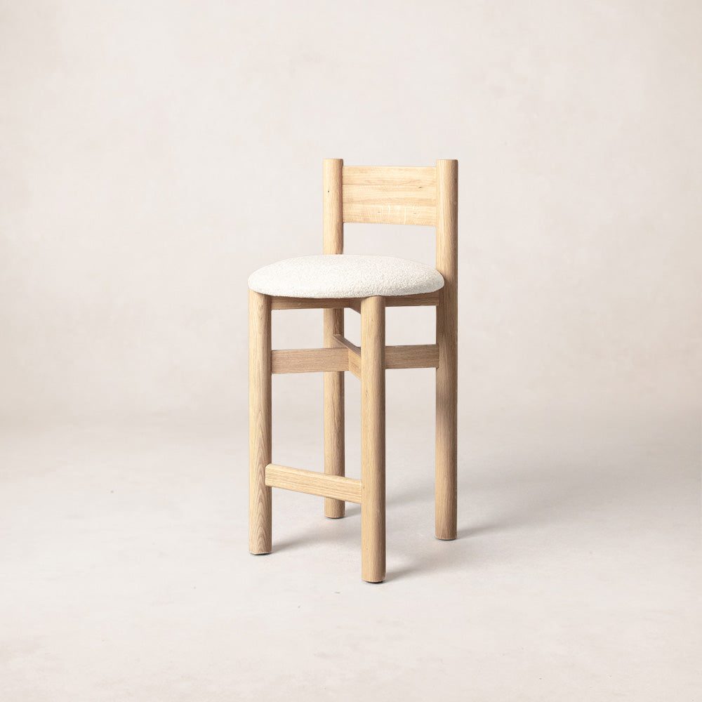 Natural Ash Wood Counter Stool with Soft Boucle Fabric
