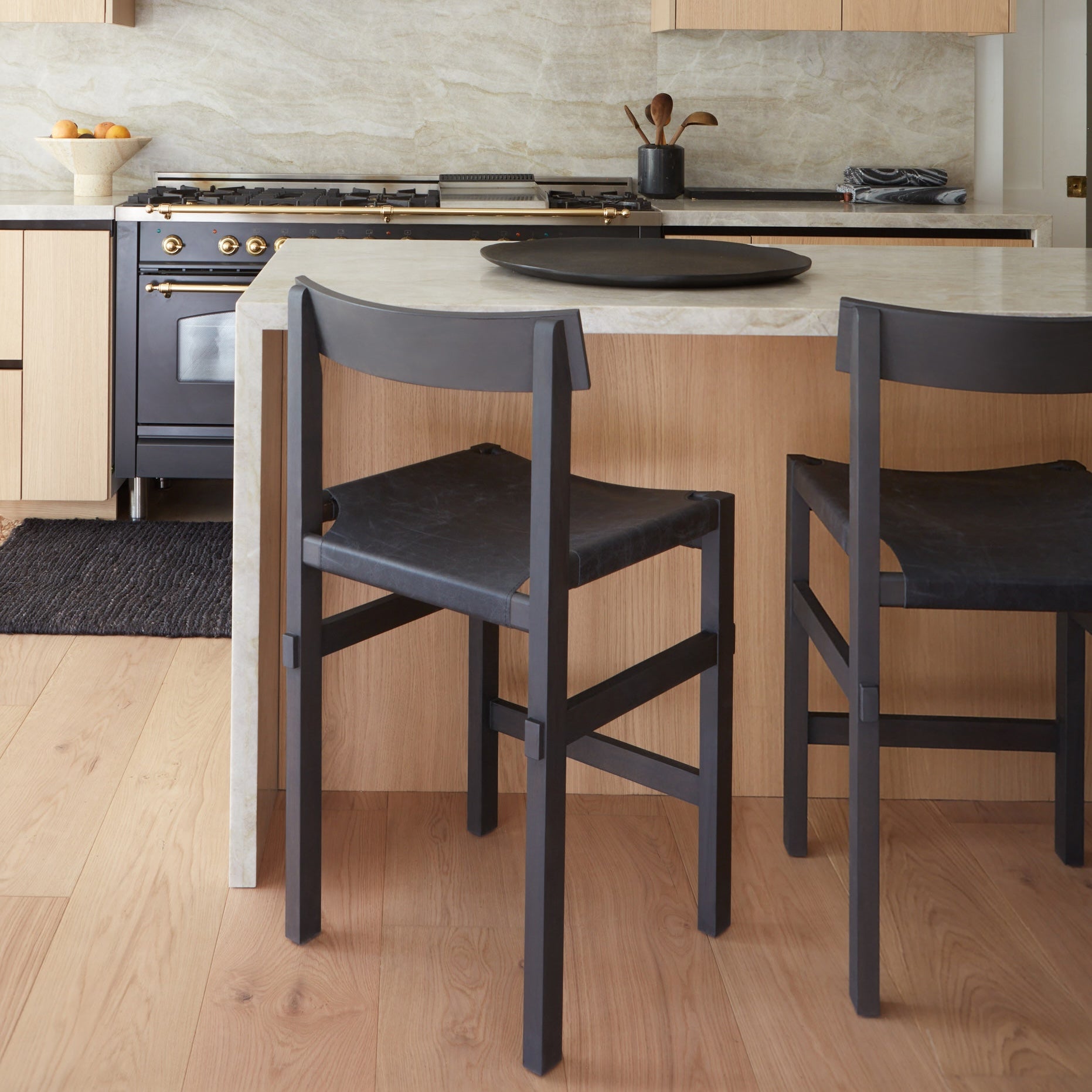 Elegant Shinto Black Leather Counter Stool with Vintage Patina