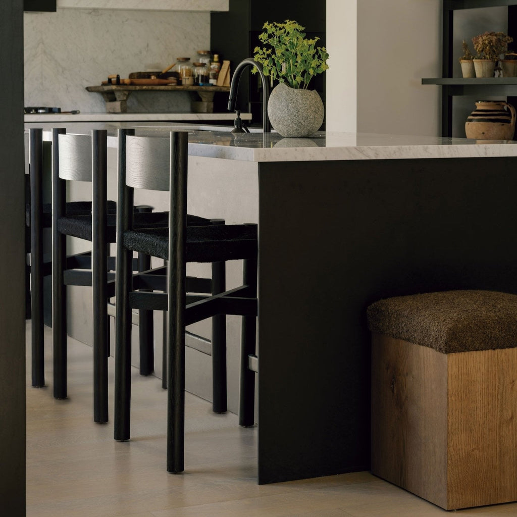 Elegant Black Nonna Counter Stool with Woven Jute Seat