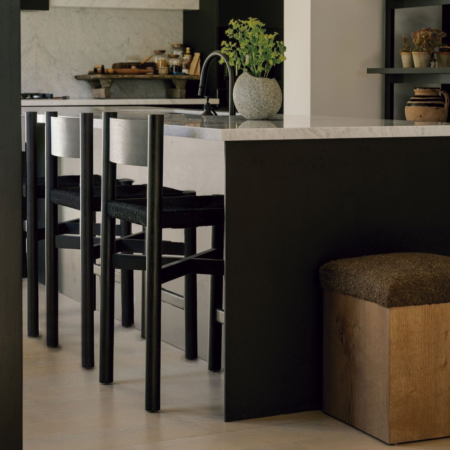 Elegant Black Nonna Counter Stool with Woven Jute Seat