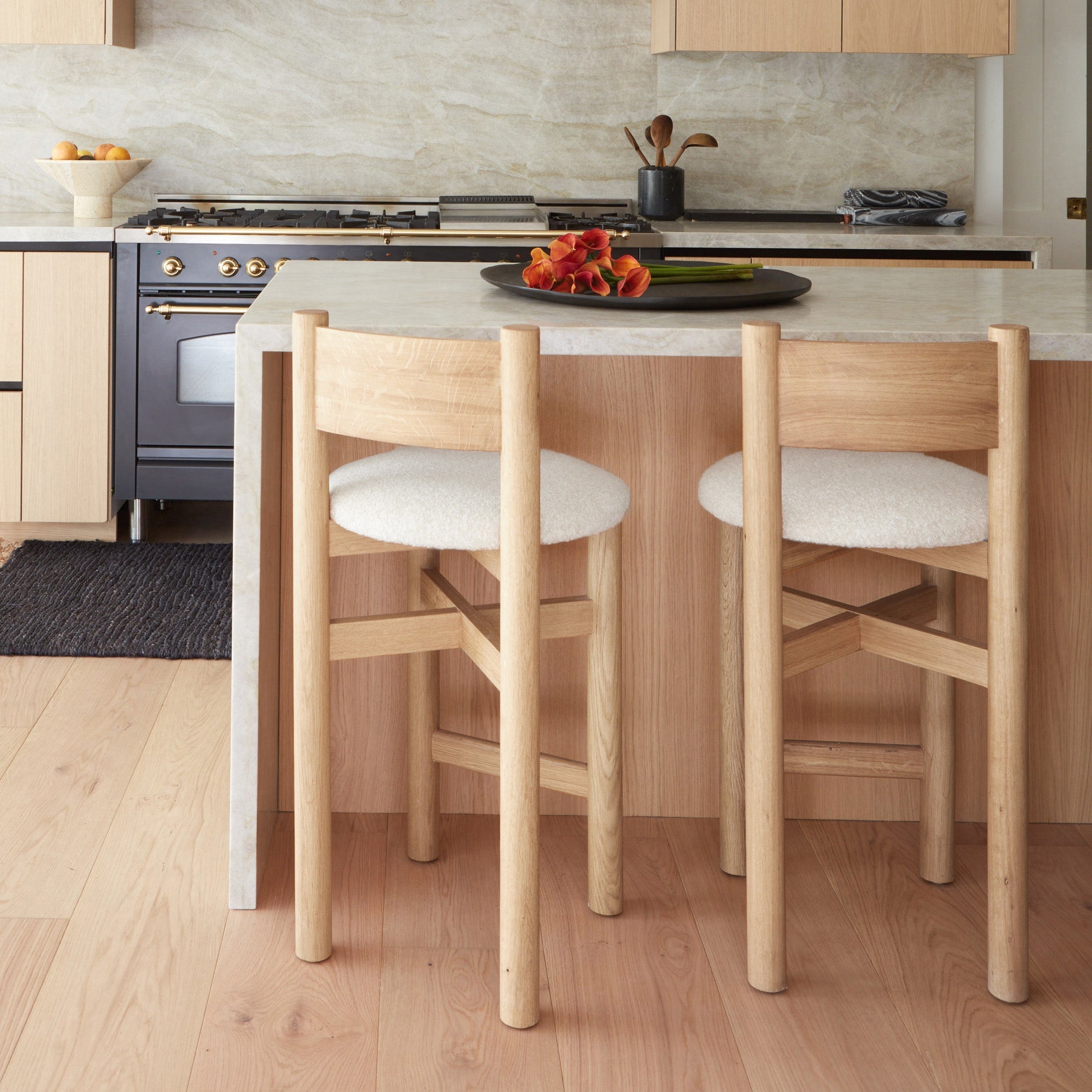 Natural Ash Wood Counter Stool with Soft Boucle Fabric