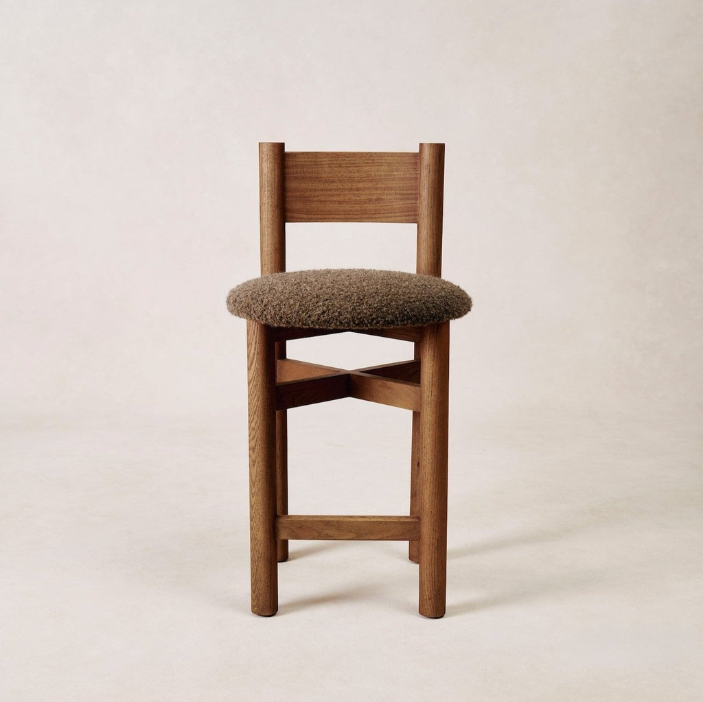 Elegant Mocha Boucle Counter Stool - Solid Oak Design