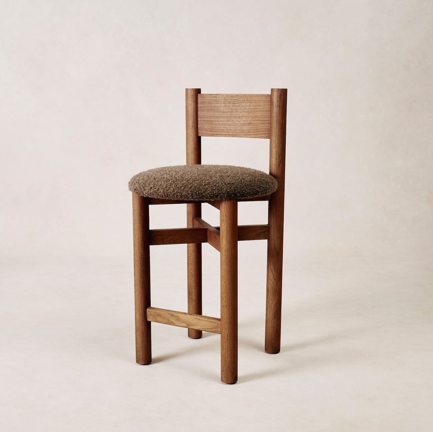 Elegant Mocha Boucle Counter Stool - Solid Oak Design