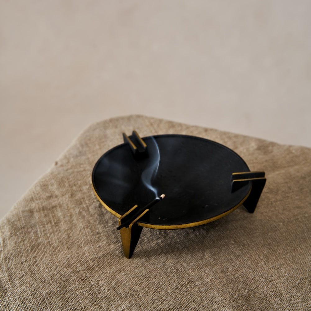 Elegant Black Milan Ashtray with Vintage Brass Accents