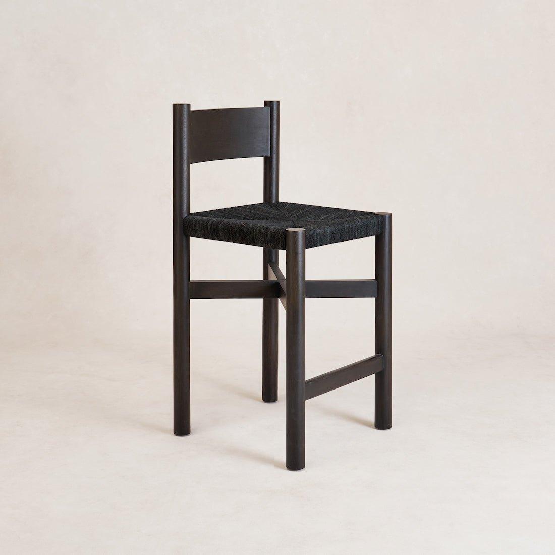 Elegant Black Nonna Counter Stool with Woven Jute Seat