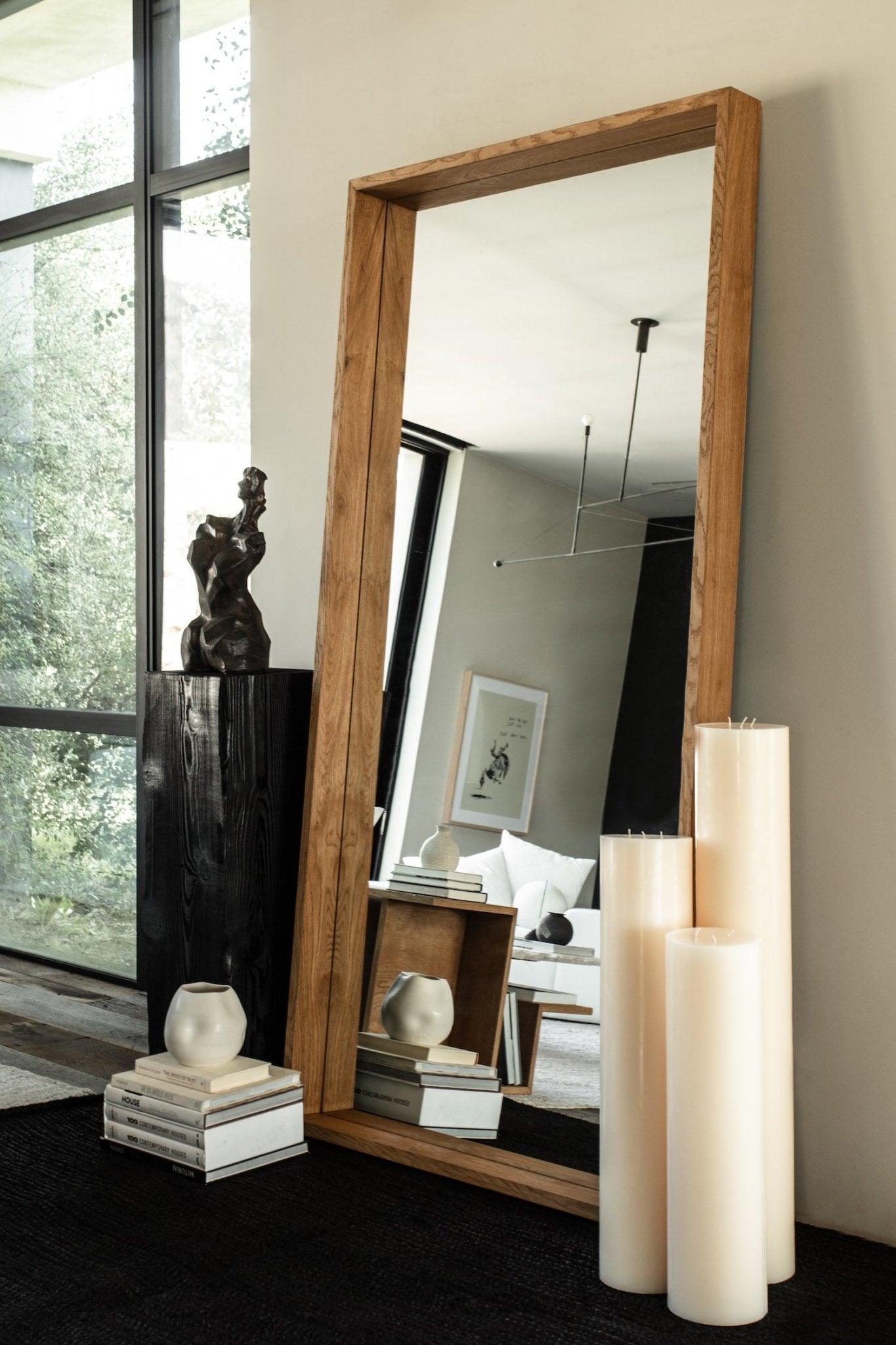 Elegant Full-Length Floor Mirror with Warm Oak Frame