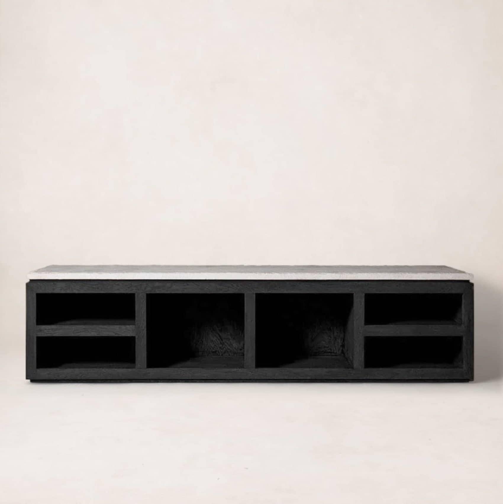 Elegant Black Marble Media Console with White Oak Finish
