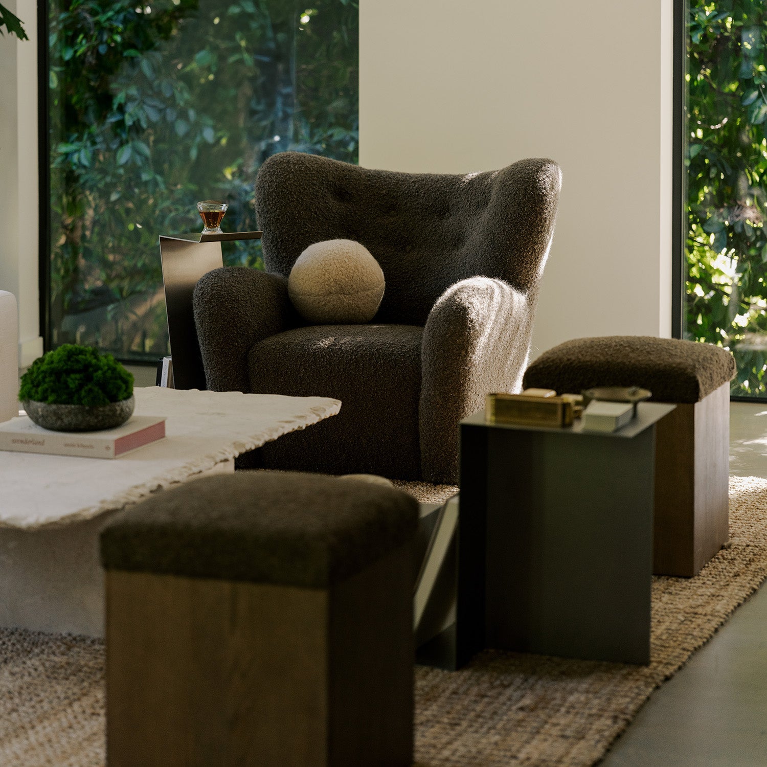 Handcrafted Oak Ottoman in Mocha with Italian Mohair Upholstery