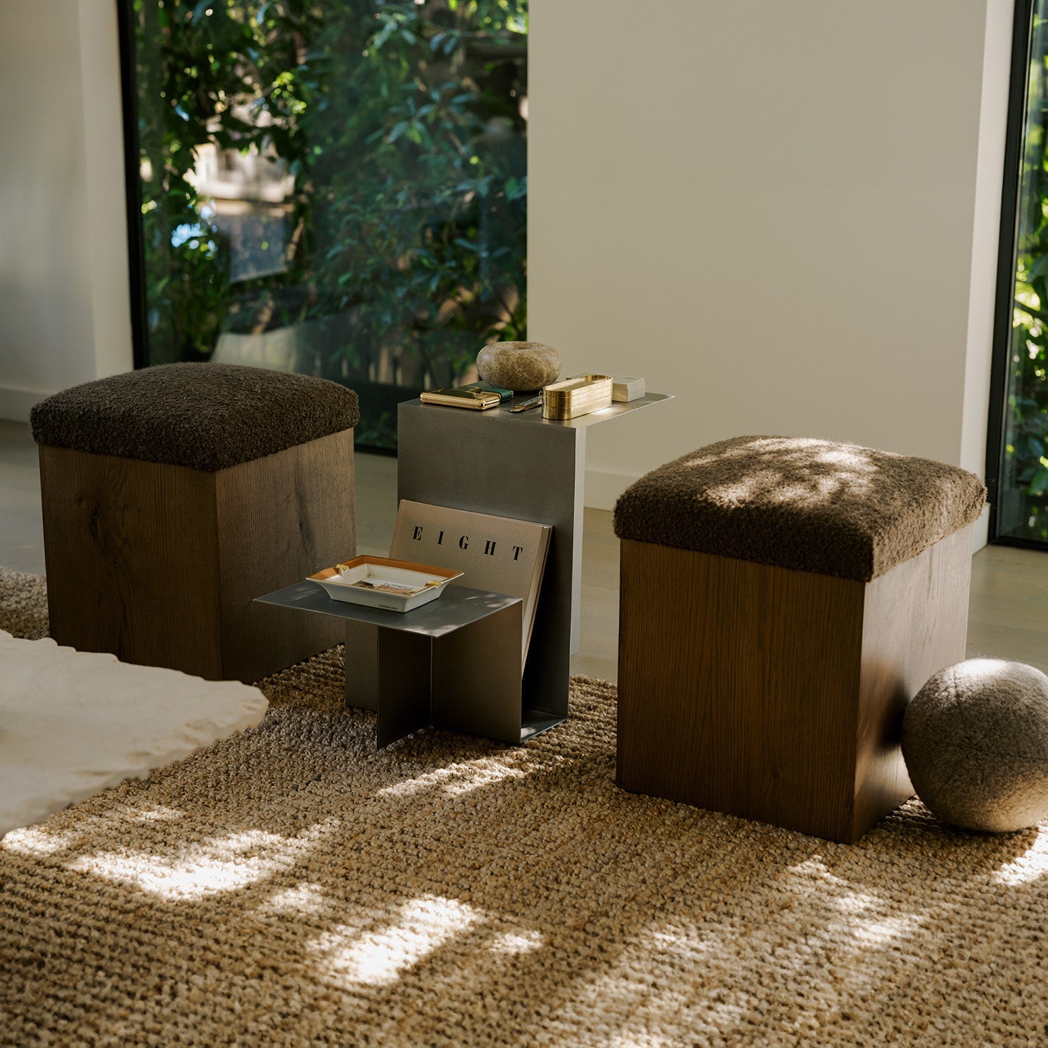 Handcrafted Oak Ottoman in Mocha with Italian Mohair Upholstery