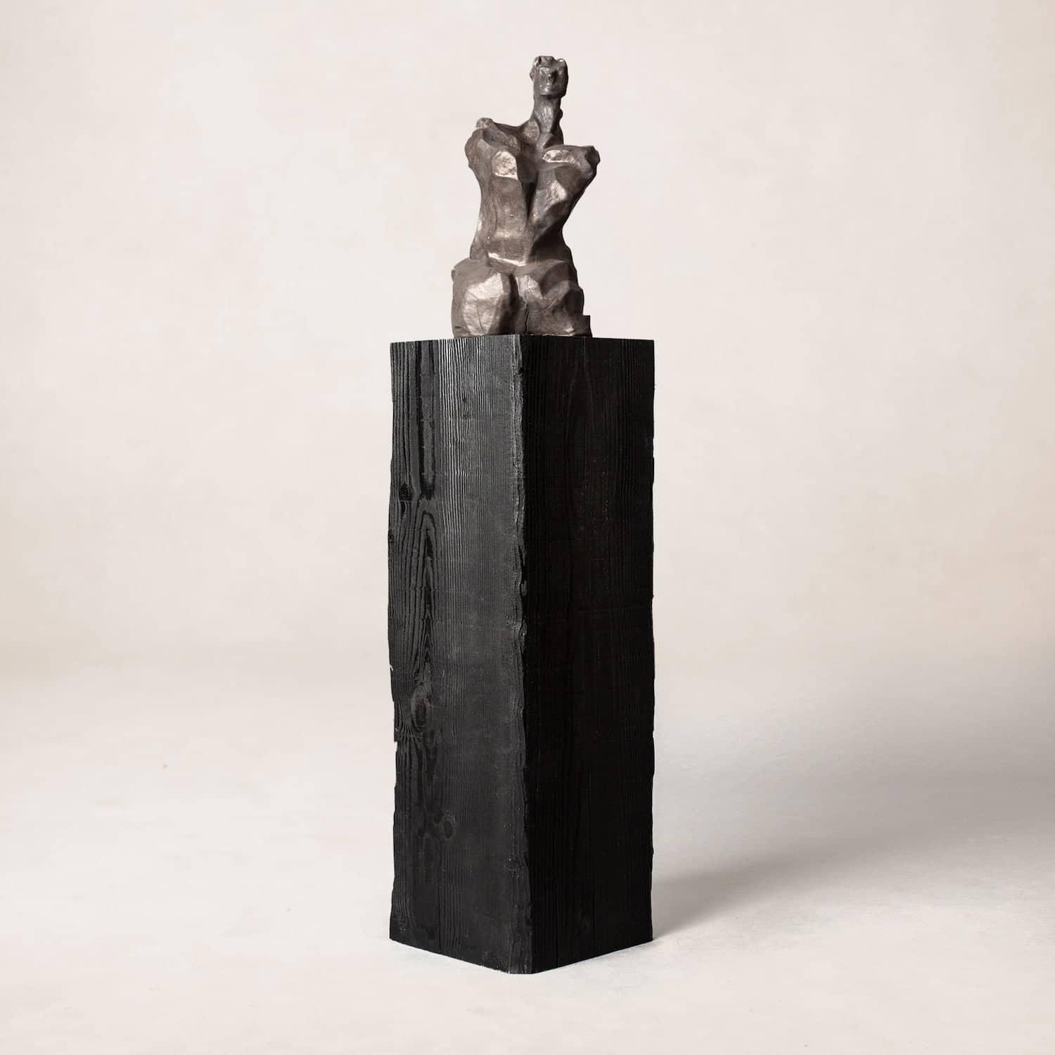 Tall Charcoal Wood Sculpture Pedestal | Shou Sugi Ban Finish