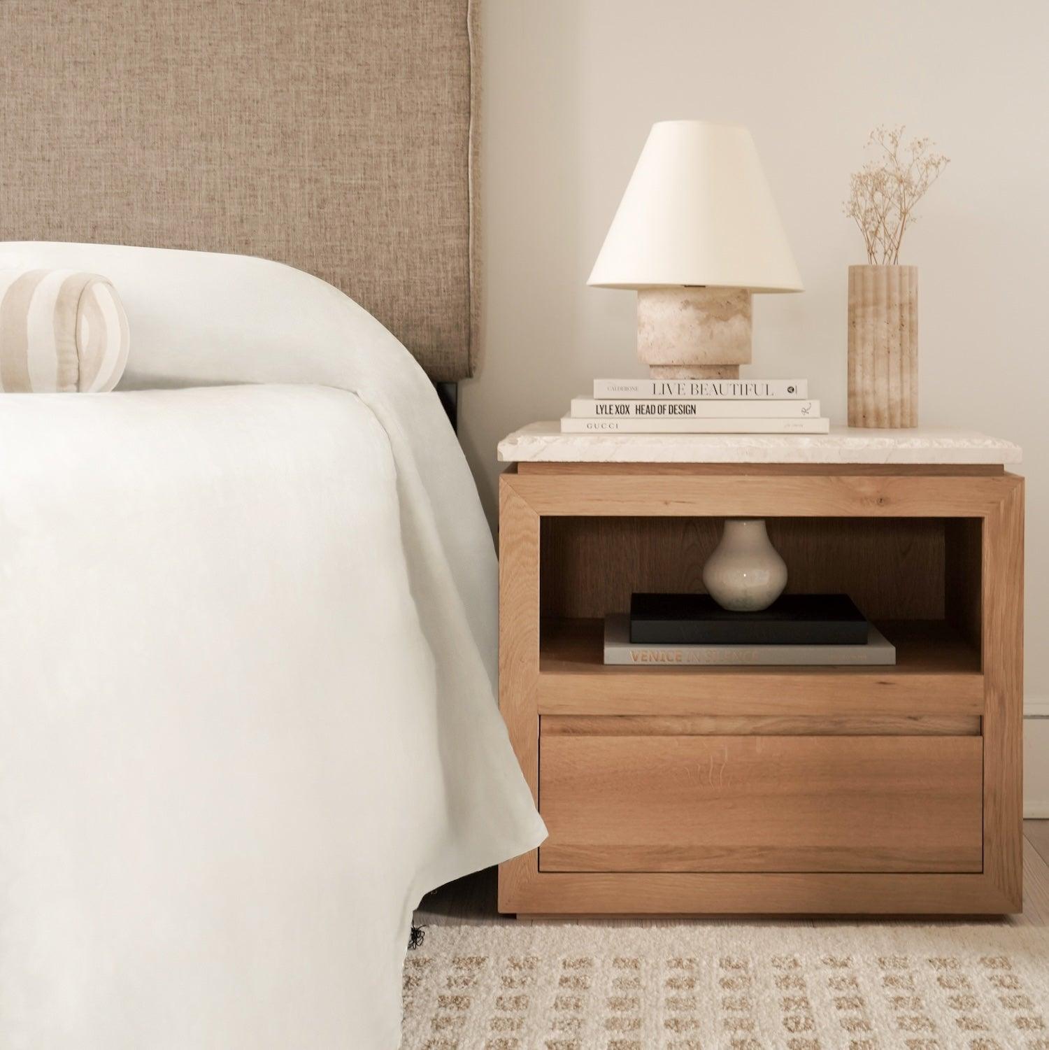 Elegant White Oak Marble Nightstand with Ample Storage