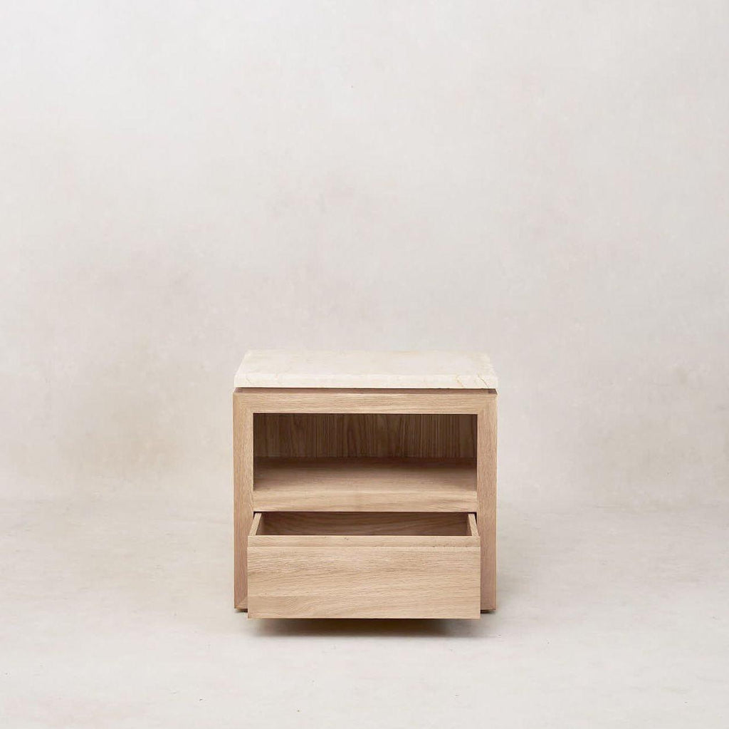 Elegant White Oak Marble Nightstand with Ample Storage