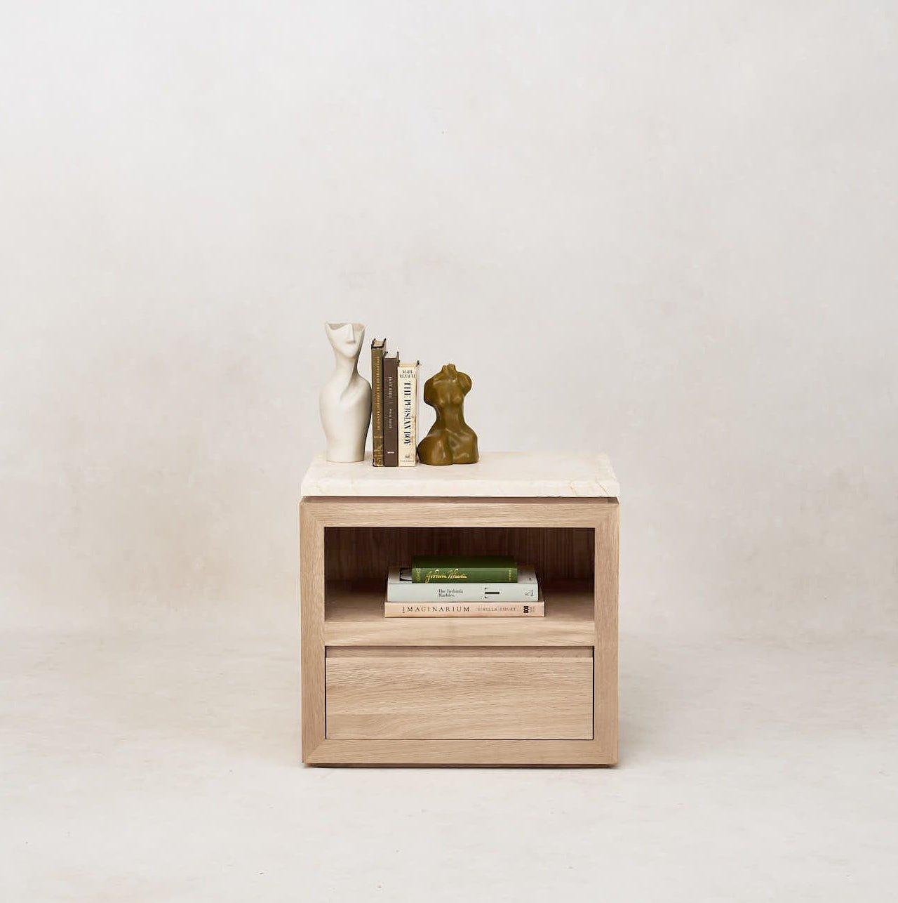 Elegant White Oak Marble Nightstand with Ample Storage