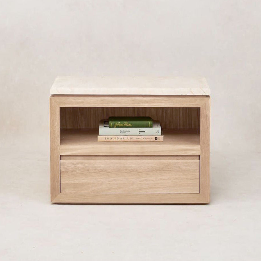 Elegant White Oak Marble Nightstand with Ample Storage