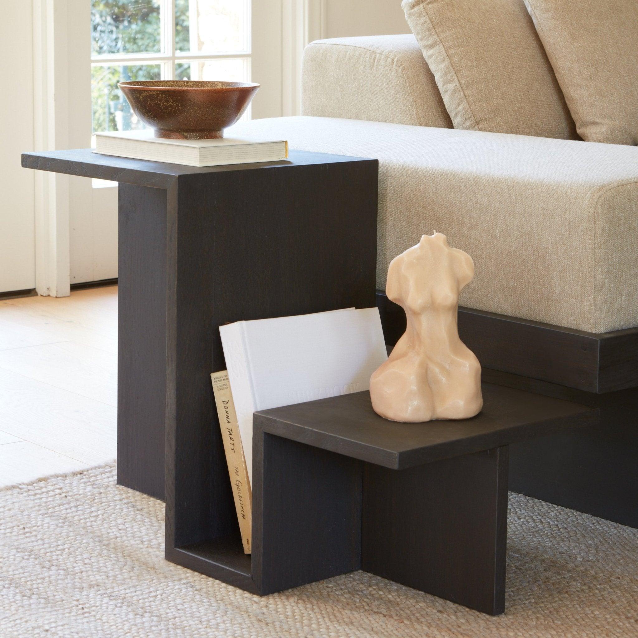 Modern Black Valley Side Table with Built-In Magazine Rack