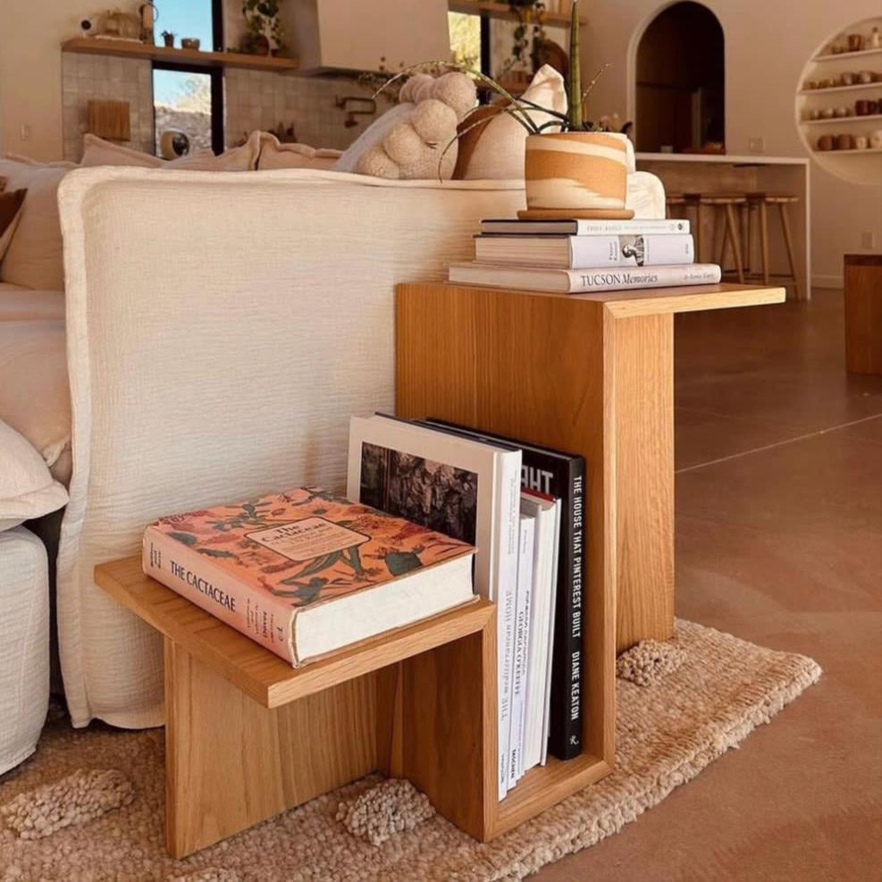 White Oak Valley Side Table with Tiered Design and Magazine Rack