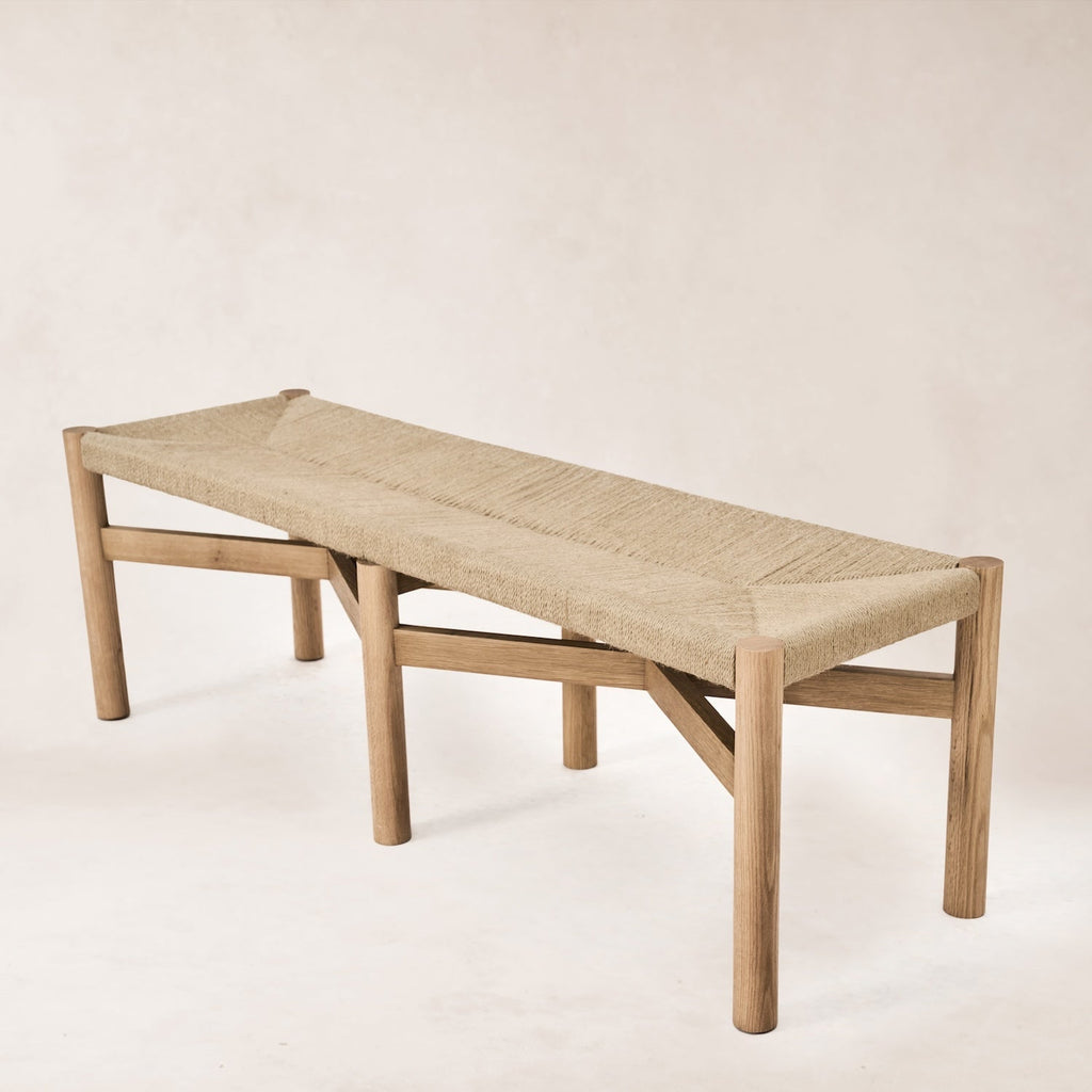 Elegant White Oak Bench with Woven Seat for Home Decor